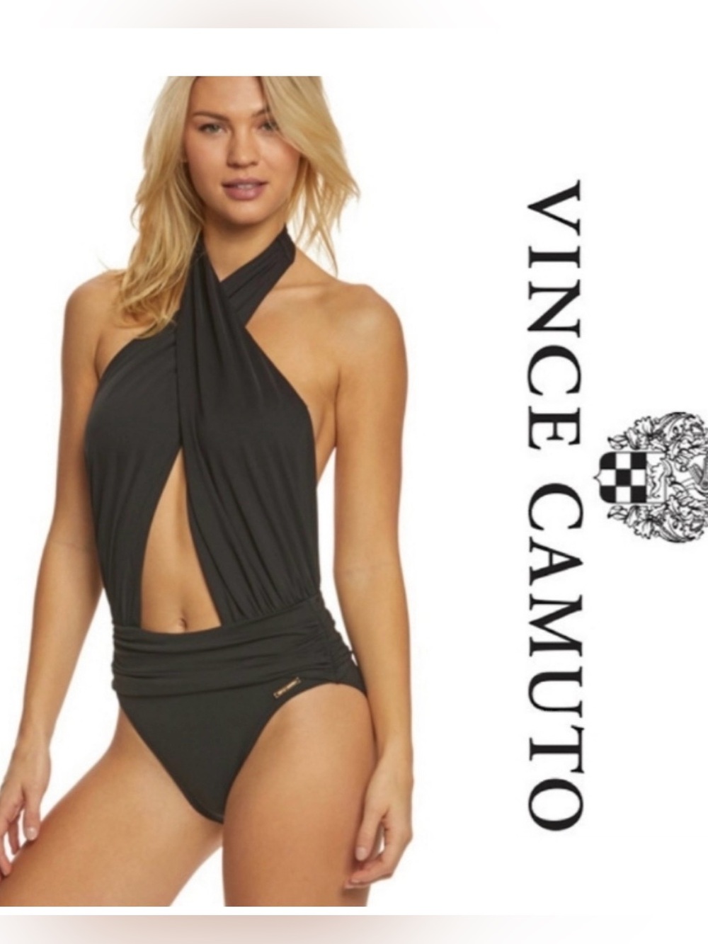 Vince Camuto Black Twist Halter Cutout One-Piece Swimsuit